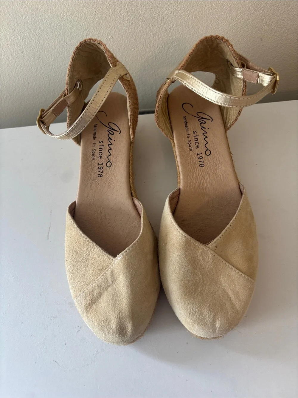 Gaimo Beige Suede Espadrille Wedge Sandals with Metallic Ankle Strap